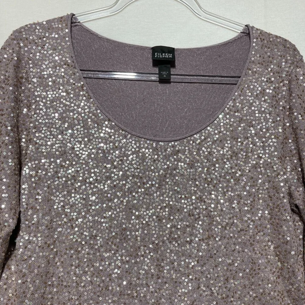 Eileen Fisher Medium Mauve Silk Blend 3/4‎ Sleeve Karma Shimmer Knit Sweater